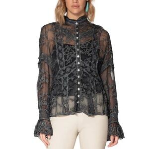 Double D Ranchwear Luciana Top Silk Mesh Sheer Button Lace Black Grey Ruffle